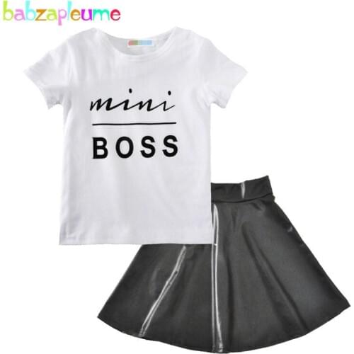 Summer Fashion Kids Girls Clothes Party girls dress Children Clothing PU Leather Skirt+T-shirt 2PCS/Set baby clothes infant A185