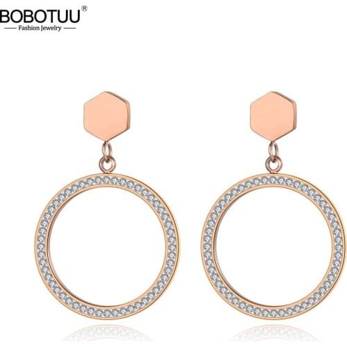 BOBOTUU Trendy Rose Gold Color Round Circle Shiny CZ Crystal Stud Earrings For Women Hyperbole Office Earrings Jewelry BE19080