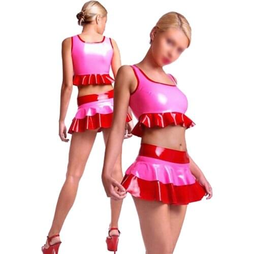 Women Pink Sexy Latex Summer Mini Skirt And Tops Fetish Rubber Costumes Vestidos Club Wear Plus Size BNLD152