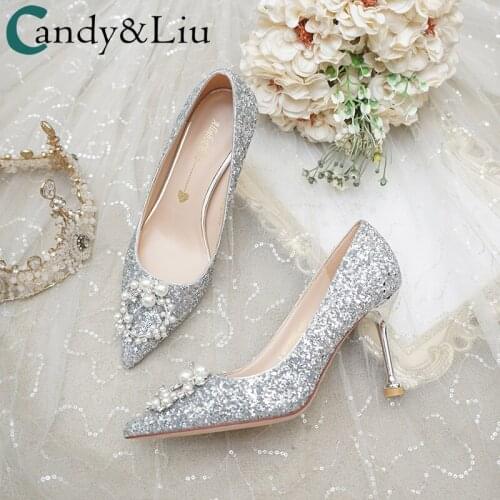Female Shoes Silver Sequins Pearls Circular Decoration Dress 2021 New Summer High-heeled Bridal Daily Celebrating Party Pumps