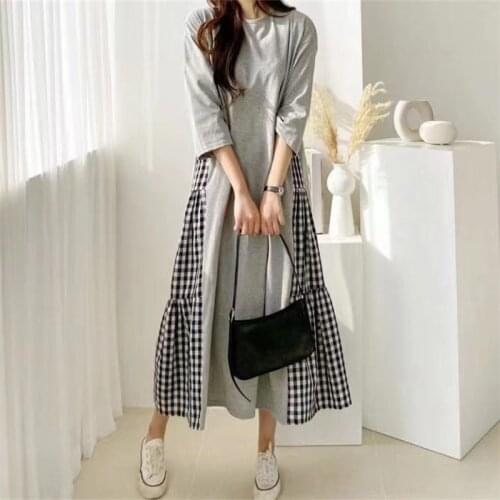 Korean Style Loose Short Sleeve Plaid Stitching Casual Dress Women
