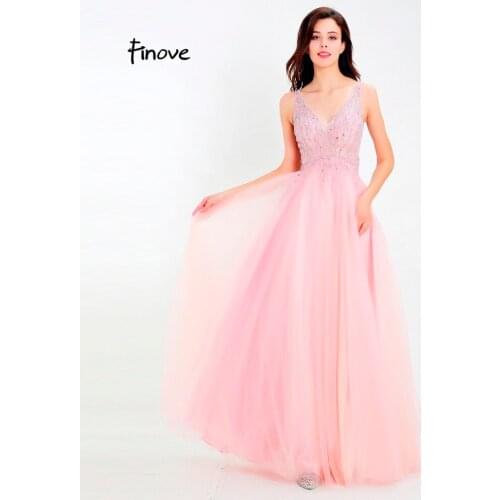 Finove Romantic Pink Evening Dresses 2020 Long Sexy V-Neck Backless Illusion Beading A-Line Tulle Party Dress Prom Dresses Gowns