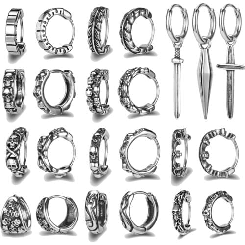 ZS Punk Rock Hoop Earring Stainless Steel Round Earring Gothic Ear Ring Skull Sword Earring for Men Women Hip Hop Ear Piercing