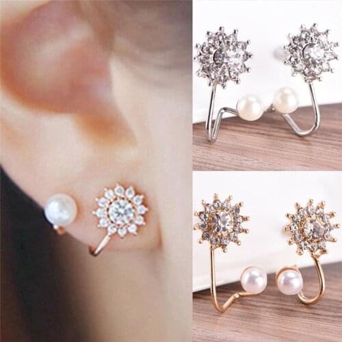 1Pair Left And Right Side Round Rhinestones White Artificial Pearls Ear Plug Cuff Nickel Earring Fashion Jewelry