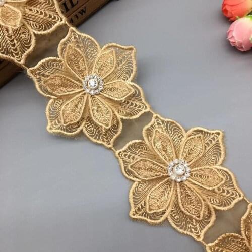 1 yard Gold Pearl Diamond Rhinestones 3D Flower Lace Trim Embroidered Applique Ribbon Fabric Sewing Craft DIY Wedding Dress
