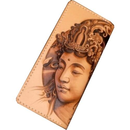 2021 Handmade Wallets Carving Bodhisattva lotus Purses Men Long Clutch Vegetable Tanned Leather Wallet Card Holder