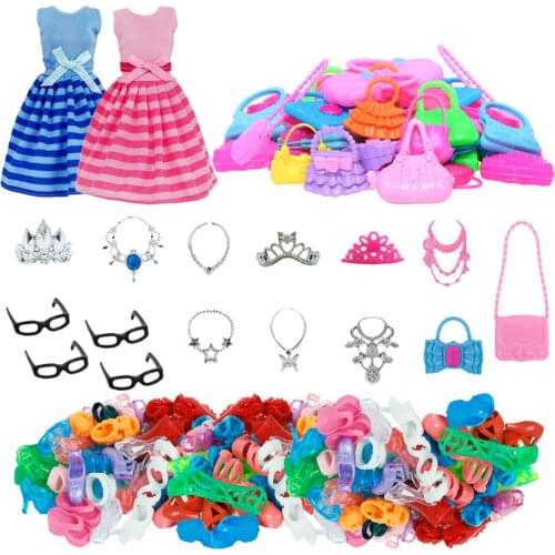 Random 37 Pcs = 2x Fashion Dress + 10x Pair Shoes + 6x Necklaces +4x Glasses + 3x Crowns+12x Bags Clothes For Barbie Doll Toy
