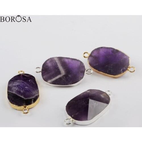 BOROSA Jewelry Design 5PCS Wholesale Gild Amethysts Faceted Connector Natural Purple Crystal Quartz Jewelry Double Charms G1815