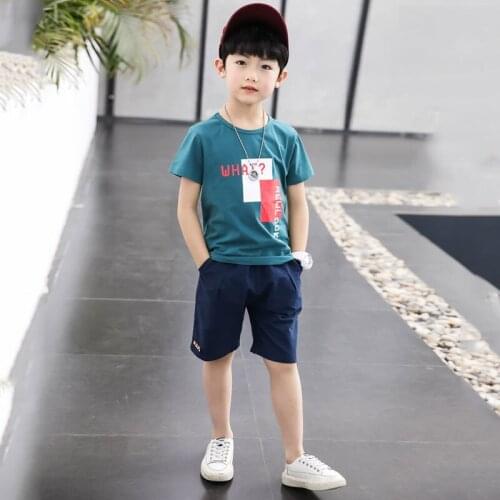 Kids boys sports suit 2pcs cotton short-sleeved T-shirt printing letters five pants summer new big virgin suit