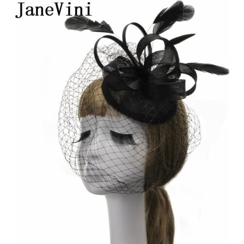 JaneVini 2018 Elegant Black Feathers Birdcage Veil Bride Hat With Hair Pin Beige Mesh Bridal Hats Wedding Wedfing Fancinetor
