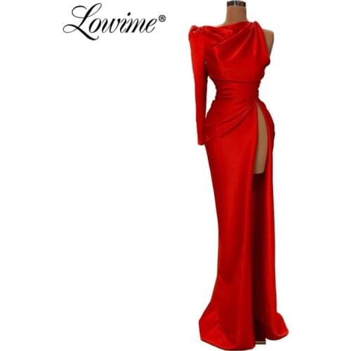 Elegant One Shoulder Runaway Red Carpet Evening Dress High Split Side Celebrity Dresses Long Sleeves Abiye Party Gowns 2020 Prom