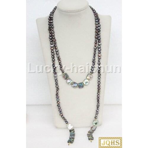 JQHS Long 52" 8mm Baroque Black freshwater pearls Abalone shell Beaded necklace j11658