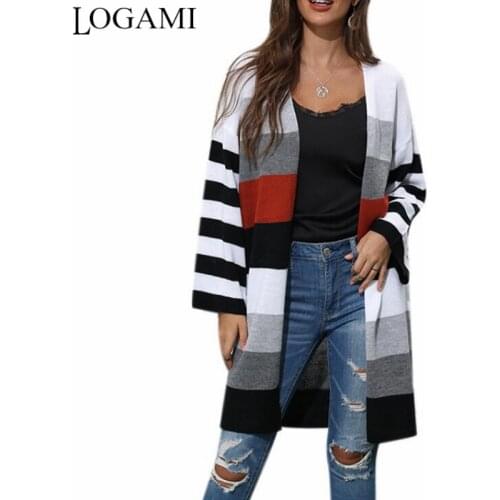 LOGAMI Striped Patchwork Cardigan Long Women Autumn Knitted Cardigan New Arrival Woman Sweaters