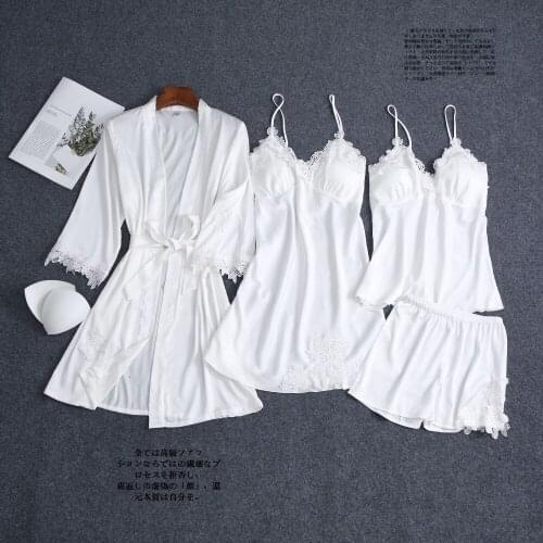 4PCS Pjs Sets Women Outfits Satin Pajamas Suit With Shorts Summer Lace Sleepwear Kimono Robe Gown Sexy Lounge Wear Nightwear