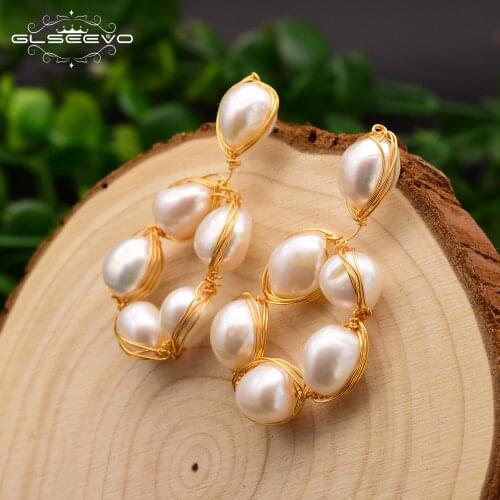GLSEEVO Handmade Round Fresh Water Pearl Earrings Drop For Girls Anniversary Gifts Womens Classic Baroque Pearl Jewelry GE0647