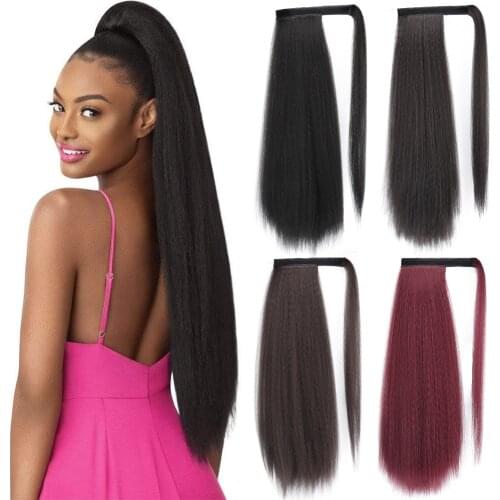 Kinky Long Straight Ponytail Hair Extension 24Inch 30Inch Magic Paste Heat Resistant Wrap Around Yaki Ponytail for Black Women