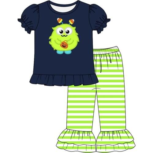 Fashionable Pure Cotton Baby Girl Suit Navy Blue Short Sleeves With Embroidery And Green Striped Trousers Cuffs With Lace