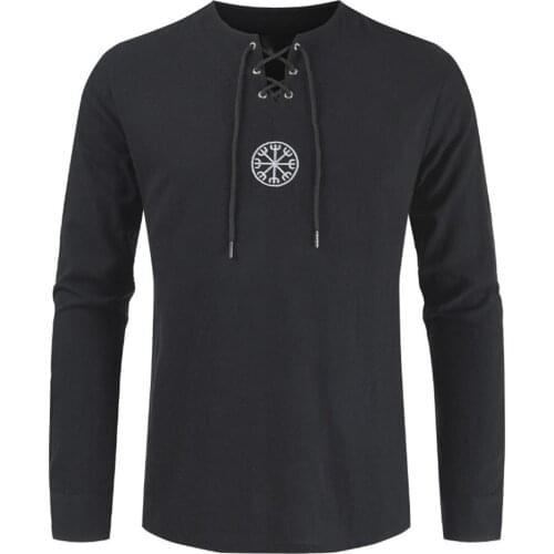 New Unique Design Vintage Style Men Plus Size Ancient Viking Embroidery Lace Up V Neck Long Sleeve Top trendy