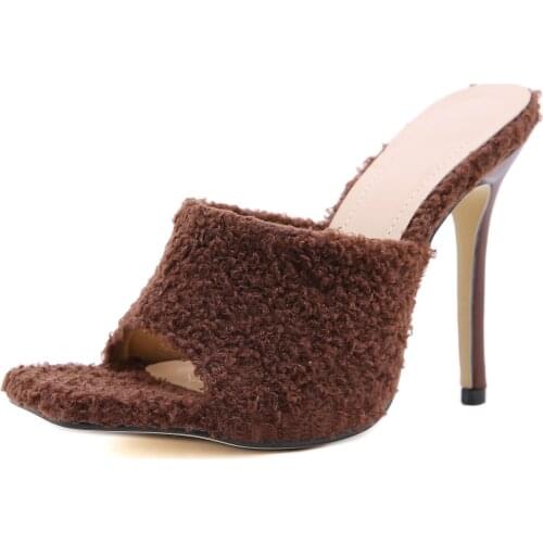 NEW Sexy Fluffy Fur Women Mules Summer Square Head Thin High Heel Fashion Slip On Slides Ladies Party Pumps Shoes 35-41