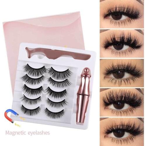 5 Pairs 3D Mink Magnetic Eyelashes Set Liquid Eyeliner Tweezer Natural Thick Long Magnet False Eye Lashes Makeup Extension Tools
