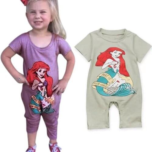 New Summer Baby Girl Short Sleeve Rompers Cartoon Mermaid Print One Piece Girls Clothes Jumpsuits Infant Costumes Purple Green