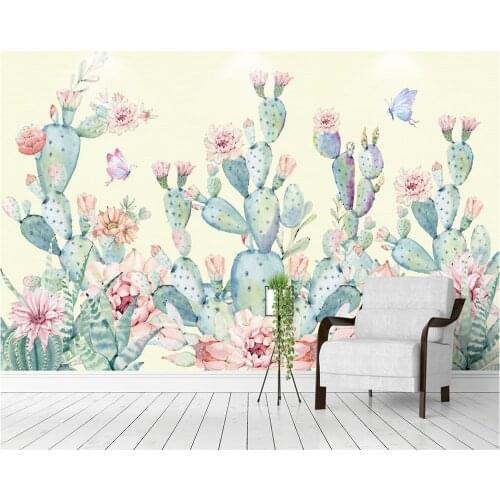 Beibehang Custom wallpaper Japan and South Korea beautiful hand-painted cactus TV background living room bedroom 3d wallpaper