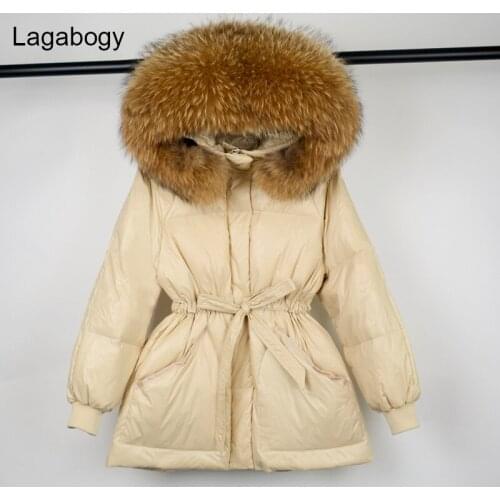Lagabogy 2021 Winter Women Thick Warm Parkas Female White Duck Down Puffer Jackets Large Real Racoon Fur Hooded Loose Outerwear