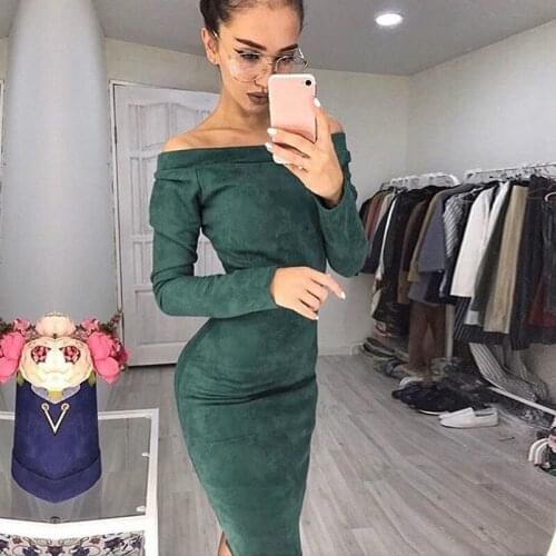 Suede Long Sleeve Off Shoulder Women Mid-calf Dress Female Sexy Bodycon New Year Party Dresses 2019 Spring Autumn