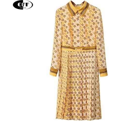 Spring autumn yellow woman midi dress elegant long sleeve vintage printed lady Pleated female party chic french dresses women ZA