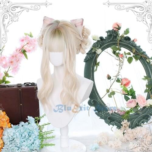 Gradual Multi Colors Golden Lolita Wig Harajuku Fairy Cosplay Bangs Blonde Curly Long Sweet Fringe Adult Girls Hair