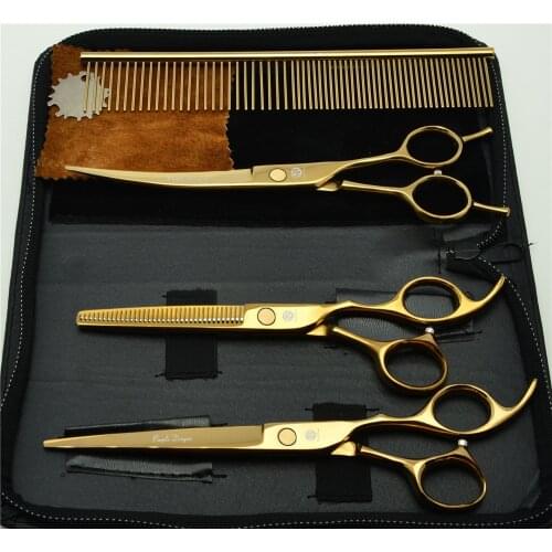 4Pcs Suit 7.0'' 19.5cm Golden Professional Hair Hairdressing Scissors Comb + Cutting Shears + Thinning + UP Curved Shears Z3002J