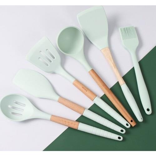 Food Grade Silicone Basting Brush Slotted Spoon Spatula Scraper Wooden Handle Heat Resistant Nonstick Pan Kitchen Cooking Tools