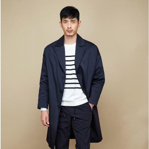 36% cotton trench coat men casual windbreaker turn-down collar single breasted man autumn clothing khaki deep blue streetwear