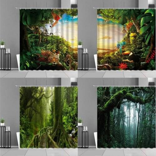 Tropic Jungle Animal Plants Landscape Shower Curtains Leopard Bird Green Forest Scenery Bath Curtain Waterproof Home Decor Cloth