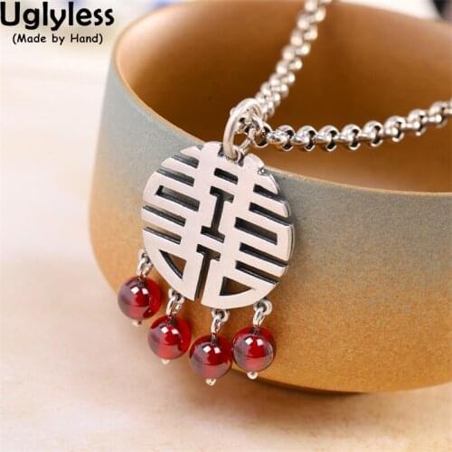 Uglyless Ethnic Tassels Garnet Pendants for Women China Chic Double XI=Happy Gifts Jewelry 999 Pure Silver Necklaces NO Chains