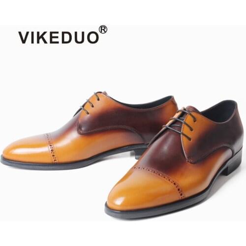VIKEDUO Mens Derby Shoes Cow Leather Mans Footwear Patina Wedding Office Formal Men Shoes Round Toe Leather Dress Shoes Zapatos