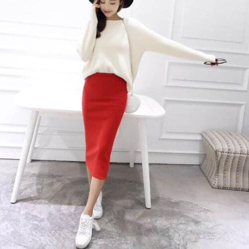 New Winter Sexy Chic Pencil Skirts Autumn Women Skirt Wool Rib Knit Long Skirt Office Elastic Waist Split midi skirt maxi Female