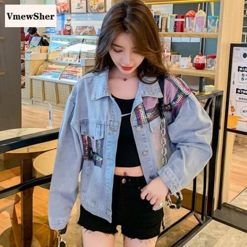 VmewSher New Sequins Patchwork Women Denim Jacket Long Sleeve Outwear Female Jean Jacket Loose Coat Chic Fashion Streetwear 2020