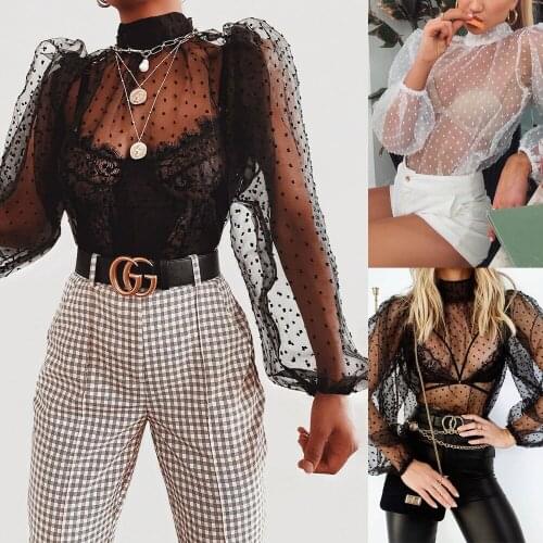 2020 New Fashion Women Mesh Sheer Polka Dot Print Long Sleeve Autumn Spring Hollow Out Thin Lace Bottoming Shirt топы женские