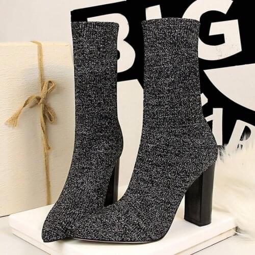 2021 Winter Trending Women Pointed Toe Ankle Boots 9.5cm High Heels Sock Boots Bling Lady Sexy Club Party Shoes Plus Size 42 43