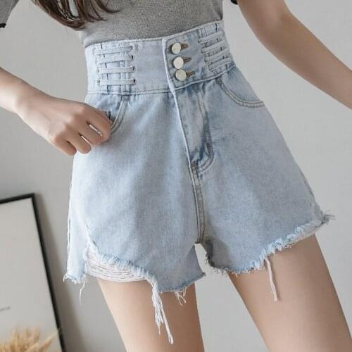 Light Blue Denim Shorts Bandage Summer Women High Waist Tassel Hole Ins Short Female Button Wide Legs Loose Hot Pants Streetwear