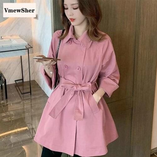 VmewSher New Pink Autumn Women Trench Coat Ladies Elegant Long Double Breasted Spring Three Quarter Sleeve with Belt Outwear
