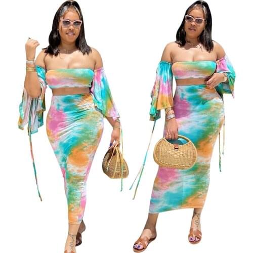 2021 New Arrival Tie Dye Two Piece Outfits Women Sets Off Shoulder Long Sleeve Crop Top Bodycon Midi Skirts Sexy Dress