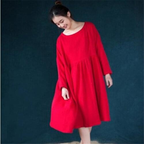 Plus Size 6XL Oversized Dress Women Femme Vintage Casual Pockets New Long Sleeve O-neck Solid Color Feminine Midi Dress Vestidos