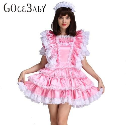 Sissy Girl Maid Satin Pink Lockable Dress Costume Uniform Crossdressing Cosplay Costume