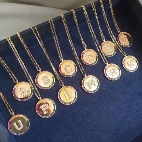 SLJELY S925 Sterling Silver Multicolor Zirconia Initial Letter A-Z Rainbow Round Pendant Adjustable Necklace Women Brand Jewelry