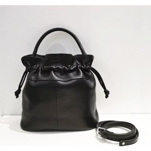 Drawstring Design Bucket Bags For Women Soft Genuine Leather Handbags Fashion Shoulder Crossbody Bag Female Luxury Hand Tote Bag