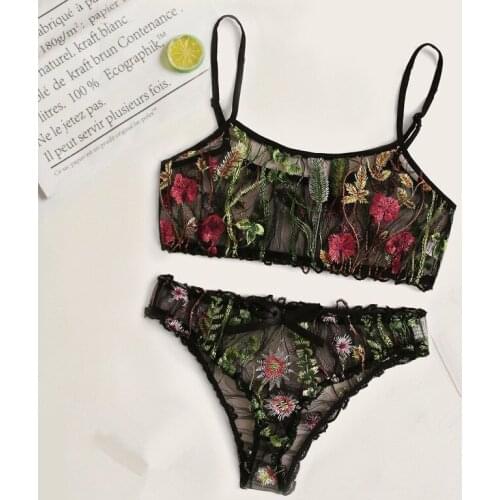 Sexy embroidered mesh see through bra set women seamless wire free lingerie set elegant floral intimate brassiere suit lady new
