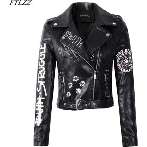 FTLZZ New Spring Autumn Women Winter Faux Leather Jackets Black Punk Rivet Motorcycle Jacket Zipper Epaulet Printed Biker Coats