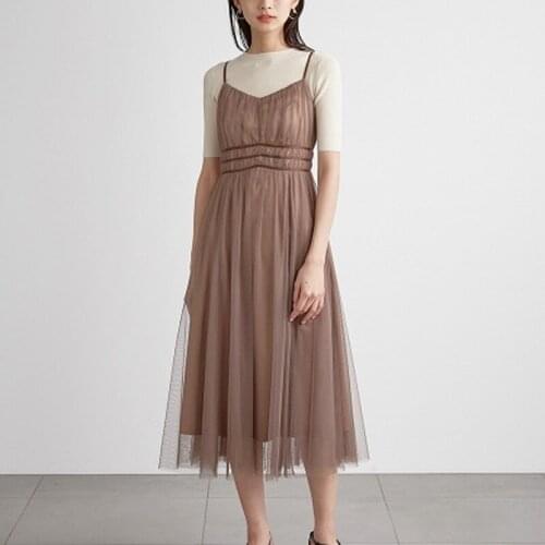 Fashion Elegant Dress Suits Solid Knitted Tops Drawstring High Waist Draped Mesh Strap Dress Japan Style Two Piece Set Women